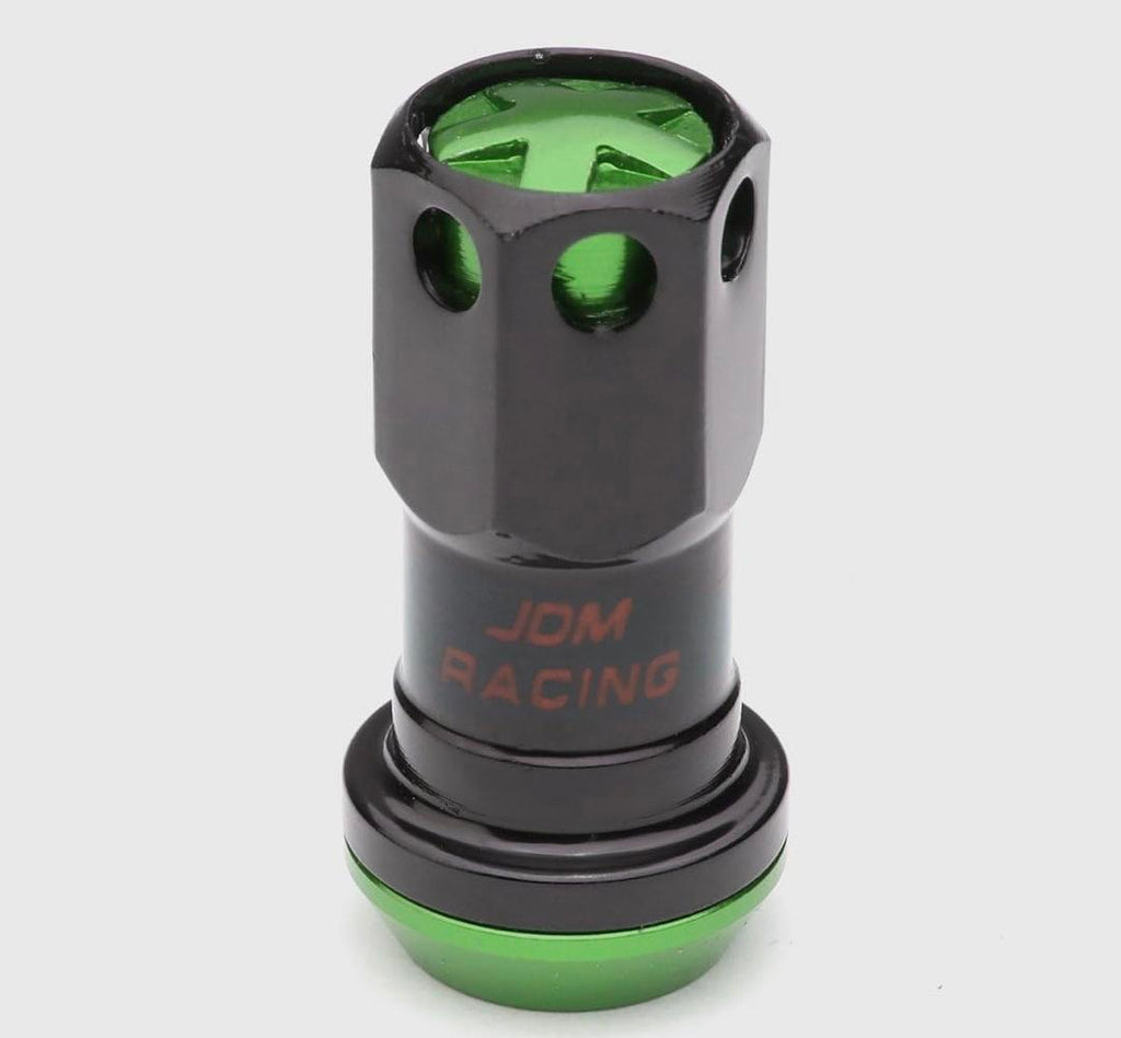 16PCS M12 X 1.5 CLOSED END WHEEL LUG NUTS + 4PCS LOCK NUTS + KEY + EXTENSION ADAPTER, 22MM OD/45MM HEIGHT, GREEN ACCENTS/BLACK BODY