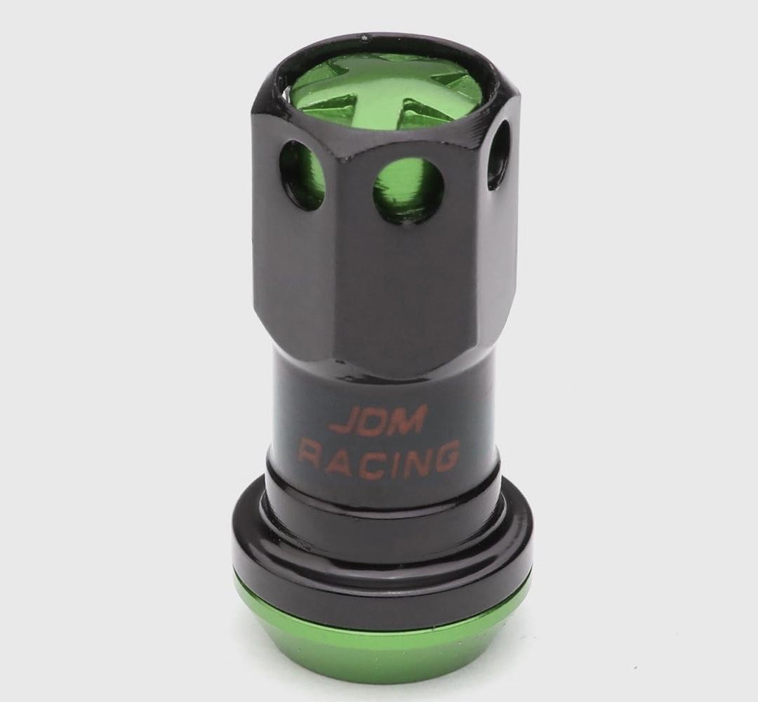 16PCS M12 X 1.5 CLOSED END WHEEL LUG NUTS + 4PCS LOCK NUTS + KEY + EXTENSION ADAPTER, 22MM OD/45MM HEIGHT, GREEN ACCENTS/BLACK BODY