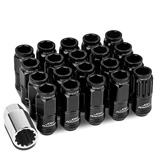 16PCS M12 X 1.25 21MM OD/50MM HEIGHT ALUMINUM OPEN END LUG NUTS W/ 4 X LOCK NUT, 1 X LOCK NUT KEY (BLACK)
