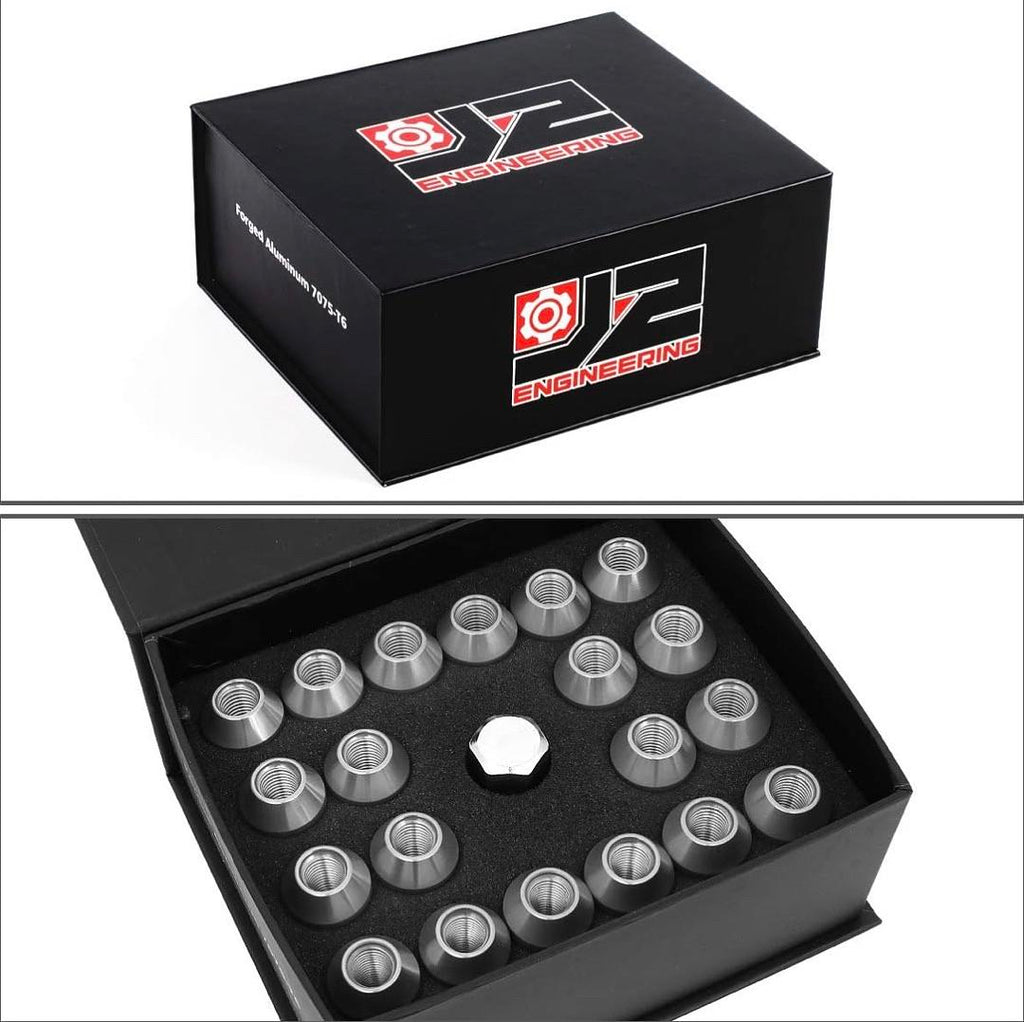 J2 ENGINEERING 7075 -T6 FORGED ALUMINUM M12X1.5 20PCS 50MM HEIGHT OPEN -END LUG NUT SET W / KEY (SILVER)