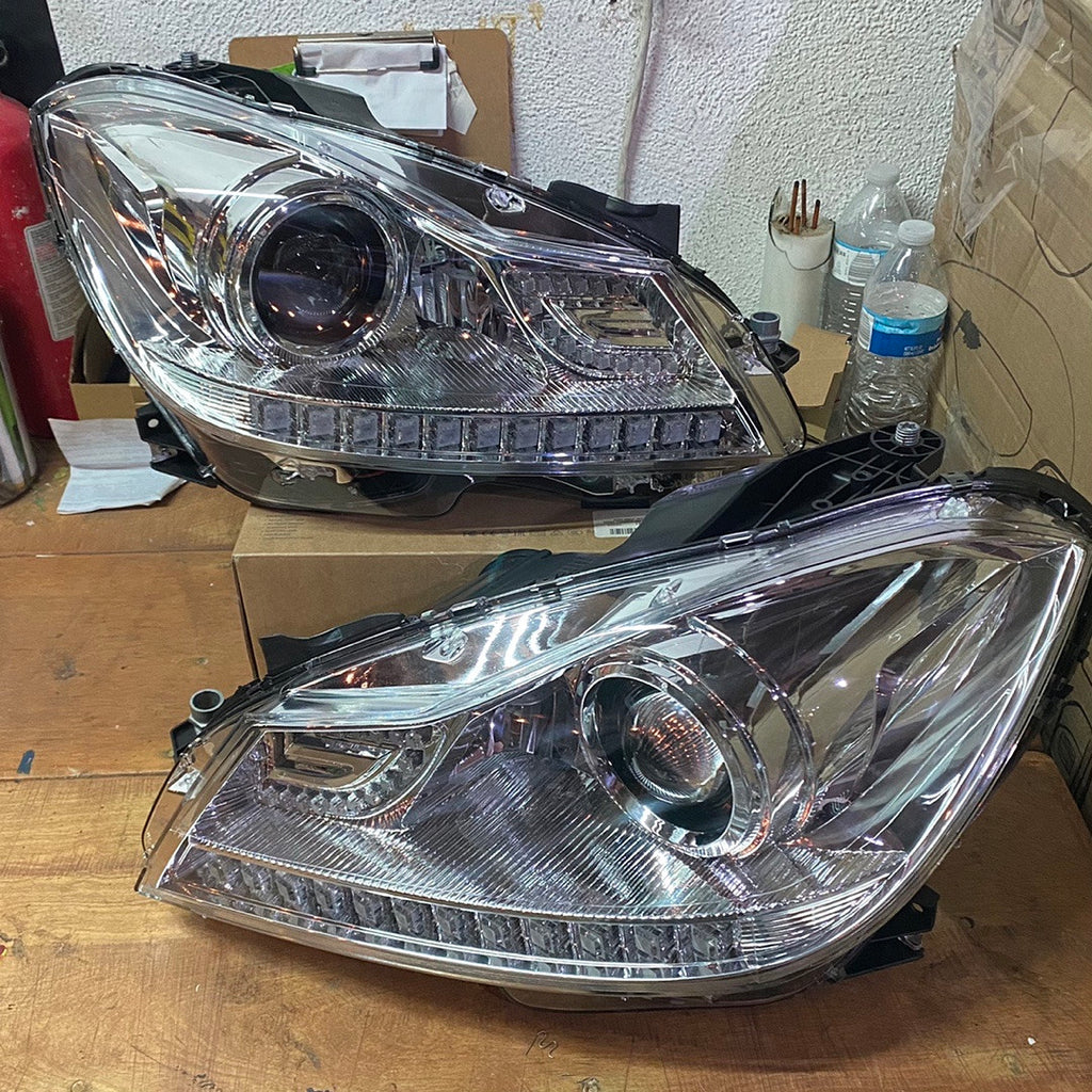 12-15 MERCEDES C180 C250 C300 C350 C63 CHROME HOUSING AND CLEAR DRL LED PROJECTOR HEADLIGHTS