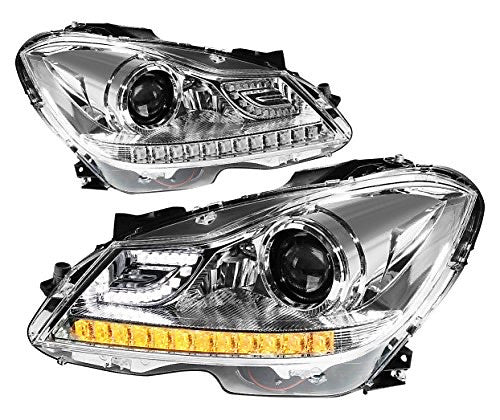 12-15 MERCEDES C180 C250 C300 C350 C63 CHROME HOUSING AND CLEAR DRL LED PROJECTOR HEADLIGHTS