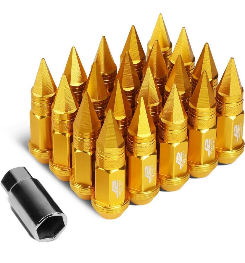 7075 ALUMINUM GOLD M12X1.5 20PCS L: 80MM SPIKY CAP LUG NUT W/ADAPTER