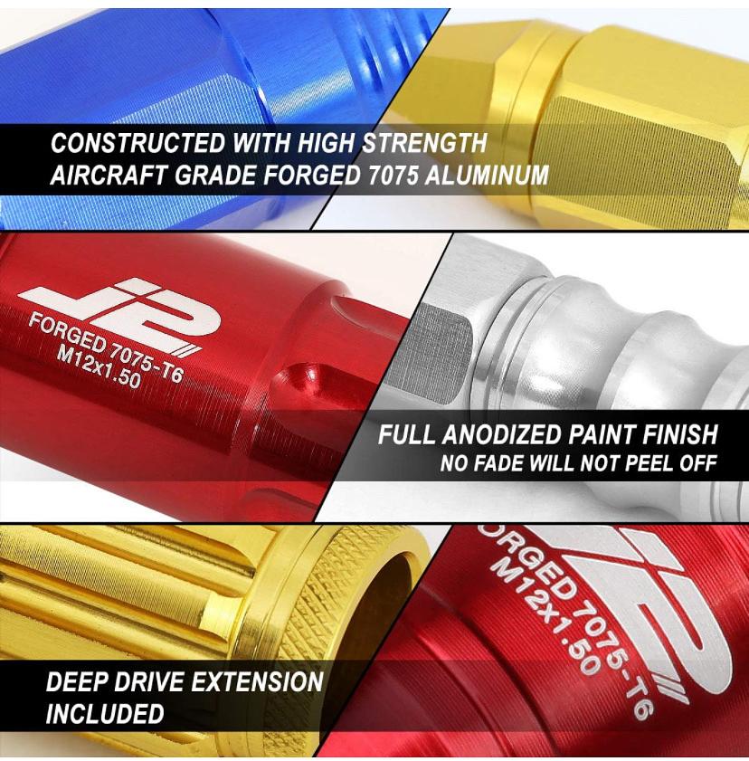 7075 ALUMINUM GOLD M12X1.5 20PCS L: 80MM SPIKY CAP LUG NUT W/ADAPTER