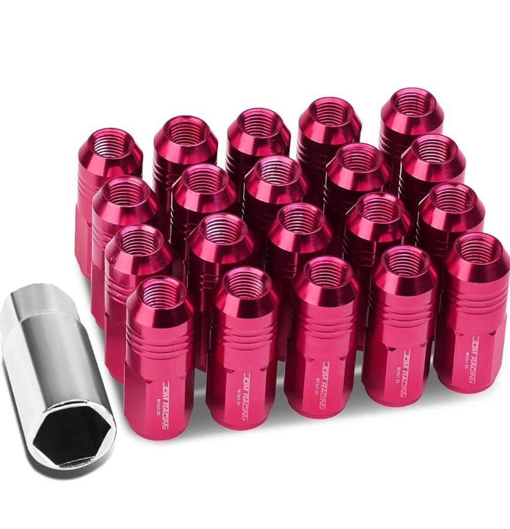 20PCS CLOSED END DESIGN M12 X 1.25 ALUMINUM ALLOY WHEEL LUG NUTS + DEEP DRIVE EXTENSION ADAPTER, 20MM OD/50MM HEIGHT (PINK)