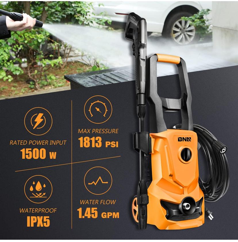 UP TO 1813 PSI 1.45 GPM 1500W ELECTRIC PRESSURE WASHER CAR WASH MACHINE WITH ADJUSTABLE NOZZLE SPRAY SOAP BOTTLE, FOR YARD CAR DRIVEWAY PATIO DECK CLEANING (ORANGE)