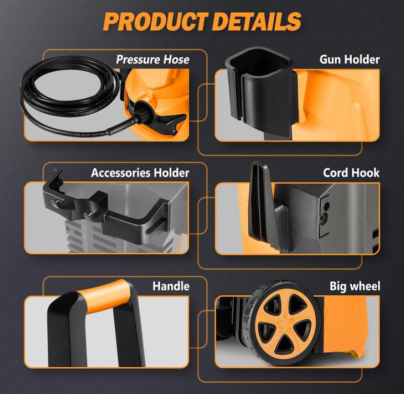 UP TO 1813 PSI 1.45 GPM 1500W ELECTRIC PRESSURE WASHER CAR WASH MACHINE WITH ADJUSTABLE NOZZLE SPRAY SOAP BOTTLE, FOR YARD CAR DRIVEWAY PATIO DECK CLEANING (ORANGE)