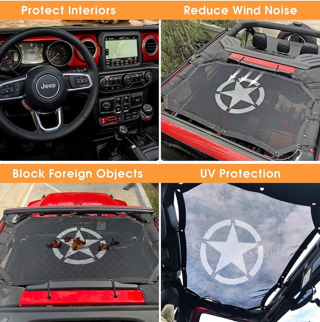 8XST - FULL MESH SUNSHADE TOP COVER , PROVIDES UV SUN PROTECTION FOR JEEP WRANGLER JK & JKU 07-17 2DR - STAR