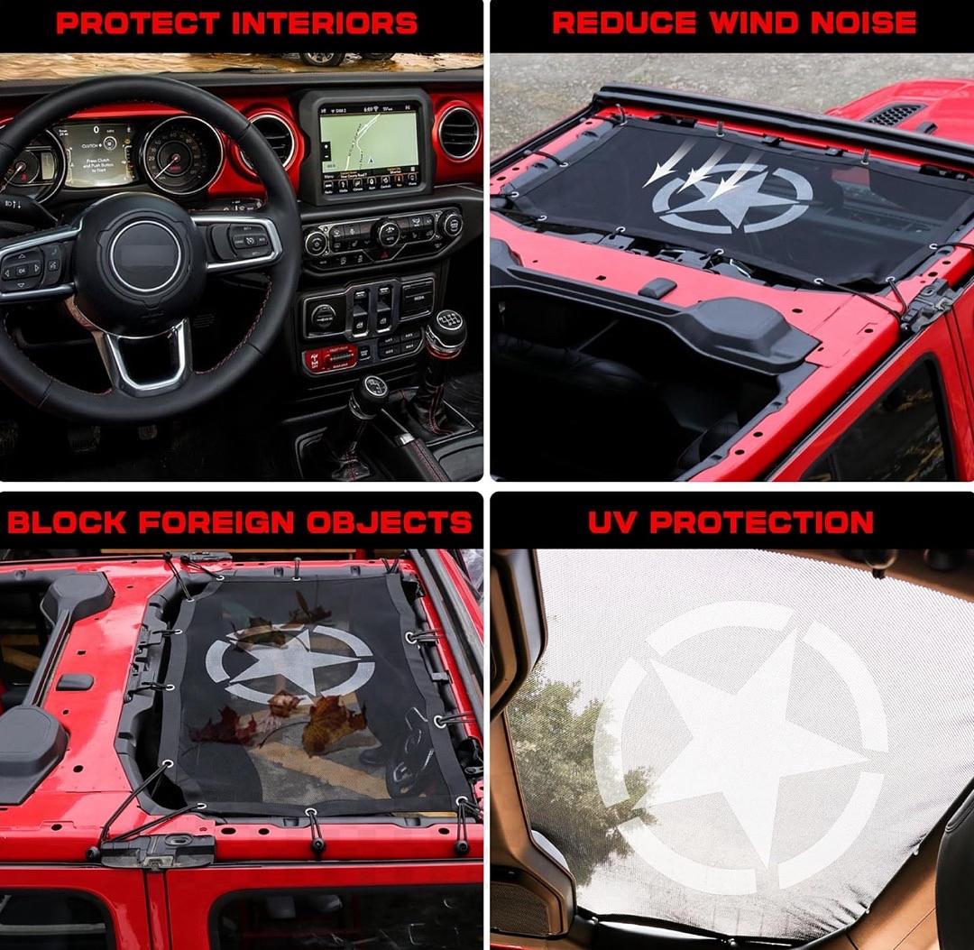 07FL- SUNSHADE TOP COVER FOR JEEP WRANGLER 18-23 JL JLU 2DR AND 4DR FRONT ONLY TOP MESH SUNSHADE NET UV PROTECTION