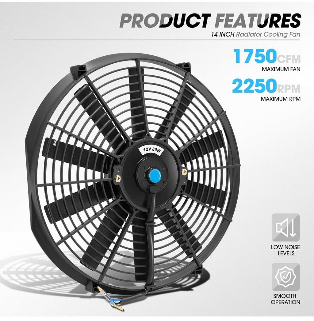 14 Inch High Performance Electric Cooling Slim Radiator Fan with Mount Kit, Black, 2PCS