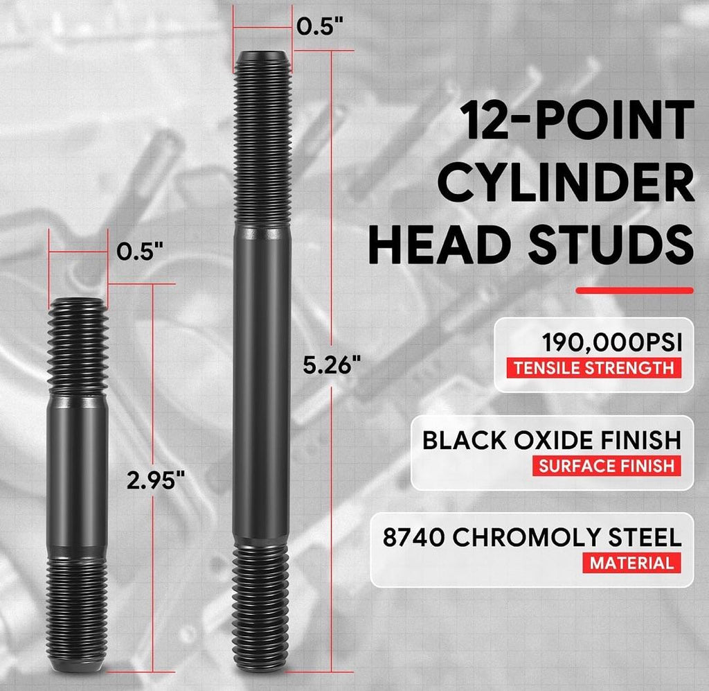 FRONT 12 CYLINDER HEAD STUDS FOR WINDSOR SMALL BLOCK 5.8L 351 69-97 1900000 PSI TENSILE STRENGTH