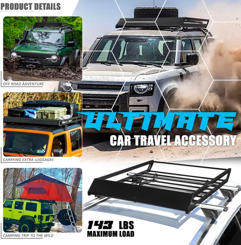 UNIVERSAL TUBULAR BAR/BOX FRAME ROOFTOP CARGO CARRIER BASKET WITH WIND FAIRING, 143 LBS MAX LOAD