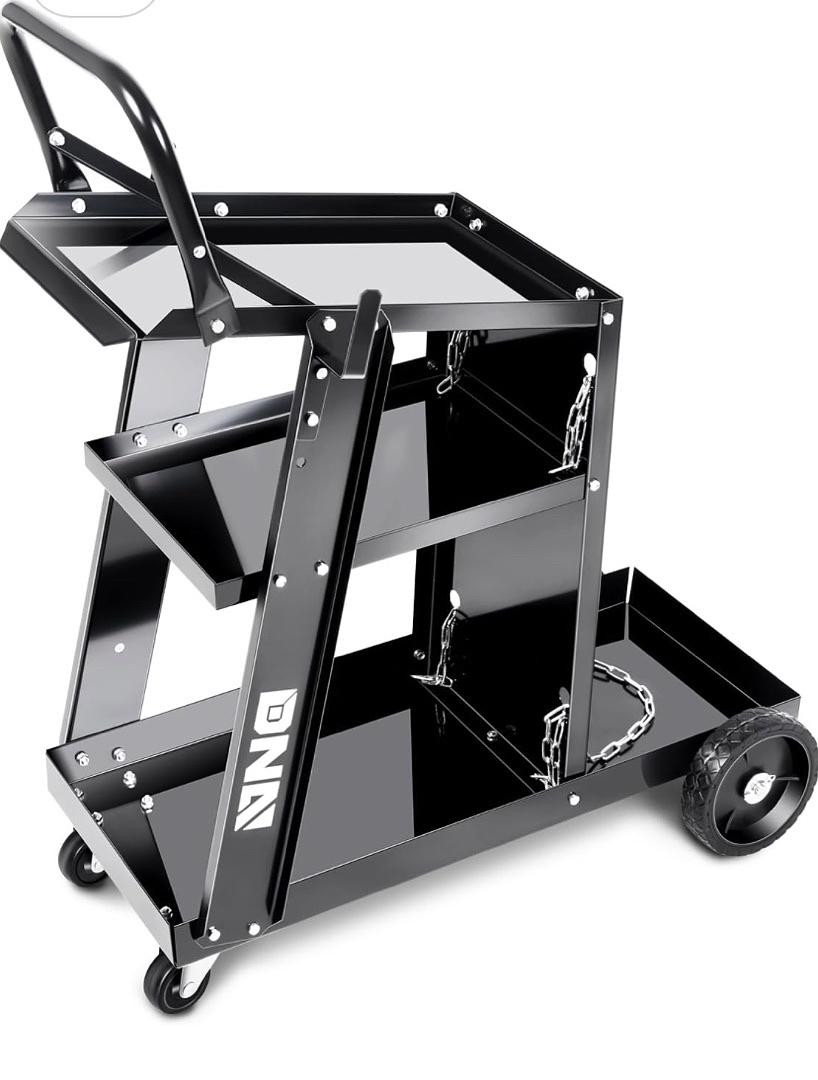 HEAVY-DUTY 3 LAYERS LARGER STORAGE 360° SSWIVEL WHEELS AND STORGE SAFETY CHAINS WELDING CART WITH TROLLEY HANDLE DESIGN,BLACK