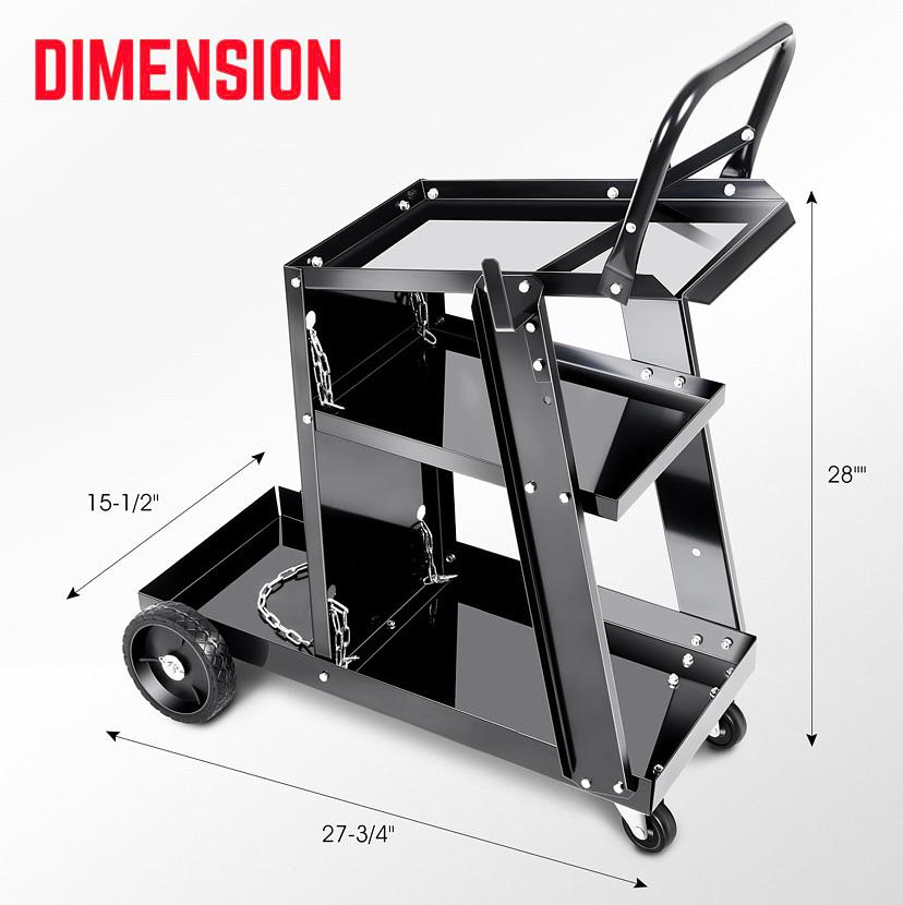 HEAVY-DUTY 3 LAYERS LARGER STORAGE 360° SSWIVEL WHEELS AND STORGE SAFETY CHAINS WELDING CART WITH TROLLEY HANDLE DESIGN,BLACK