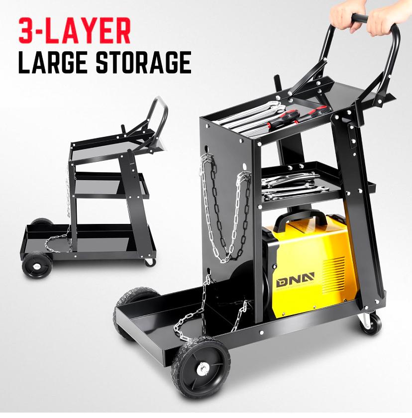 HEAVY-DUTY 3 LAYERS LARGER STORAGE 360° SSWIVEL WHEELS AND STORGE SAFETY CHAINS WELDING CART WITH TROLLEY HANDLE DESIGN,BLACK