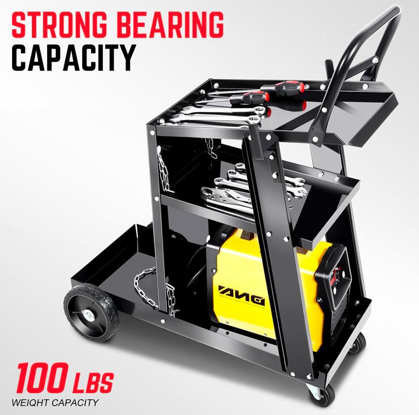 HEAVY-DUTY 3 LAYERS LARGER STORAGE 360° SSWIVEL WHEELS AND STORGE SAFETY CHAINS WELDING CART WITH TROLLEY HANDLE DESIGN,BLACK