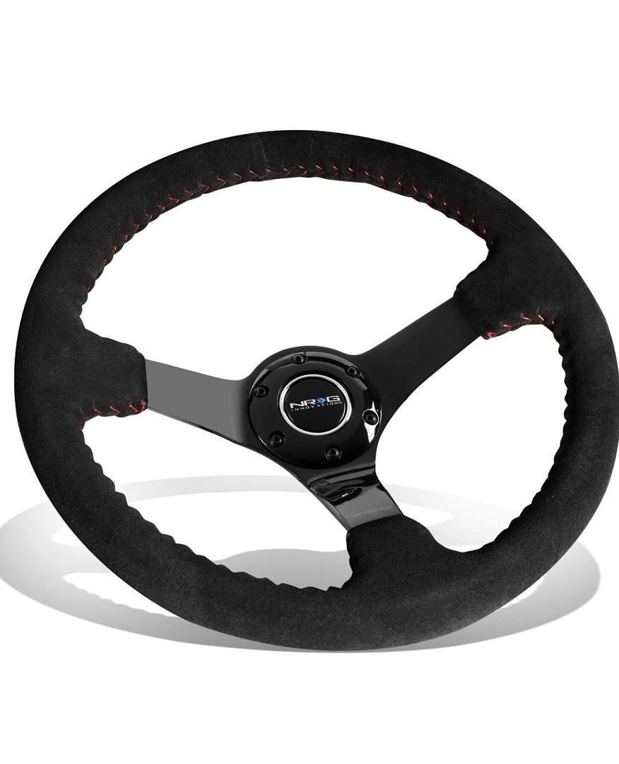 NRG FOR REINFORCED STEERING WHEEL (350MM / 3IN. DEEP) BLK SUEDE W/RED BBALL RACE STYLE 350MM SPORT STEERING WHEEL (3' DEEP) BLACK SUEDE WITH RED BASEBALL STITCHING BLACK SPOKE