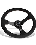 NRG FOR REINFORCED STEERING WHEEL (350MM / 3IN. DEEP) BLK SUEDE W/RED BBALL RACE STYLE 350MM SPORT STEERING WHEEL (3' DEEP) BLACK SUEDE WITH RED BASEBALL STITCHING BLACK SPOKE