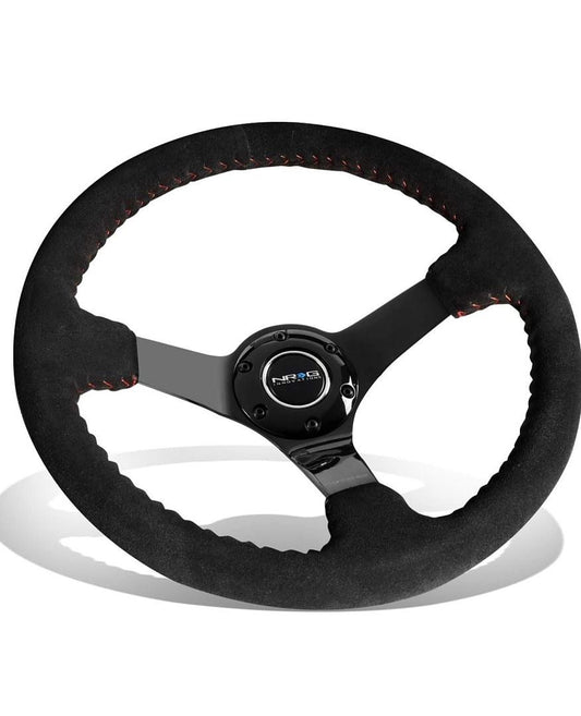 NRG FOR REINFORCED STEERING WHEEL (350MM / 3IN. DEEP) BLK SUEDE W/RED BBALL RACE STYLE 350MM SPORT STEERING WHEEL (3' DEEP) BLACK SUEDE WITH RED BASEBALL STITCHING BLACK SPOKE