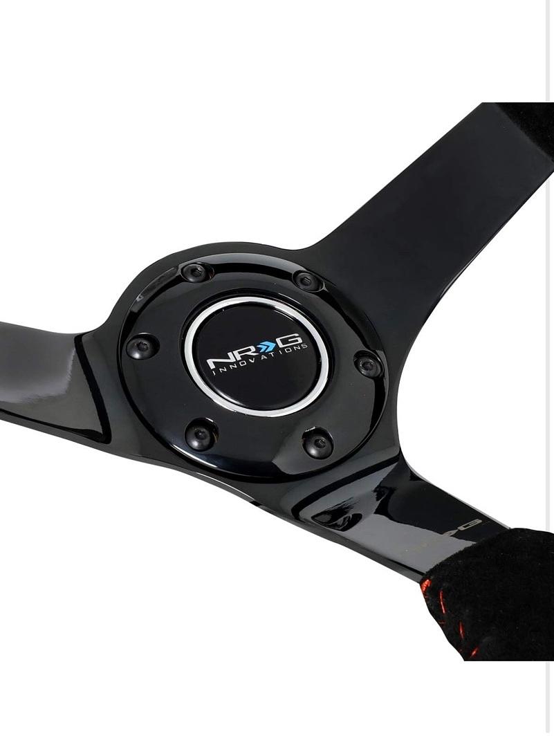 NRG FOR REINFORCED STEERING WHEEL (350MM / 3IN. DEEP) BLK SUEDE W/RED BBALL RACE STYLE 350MM SPORT STEERING WHEEL (3' DEEP) BLACK SUEDE WITH RED BASEBALL STITCHING BLACK SPOKE