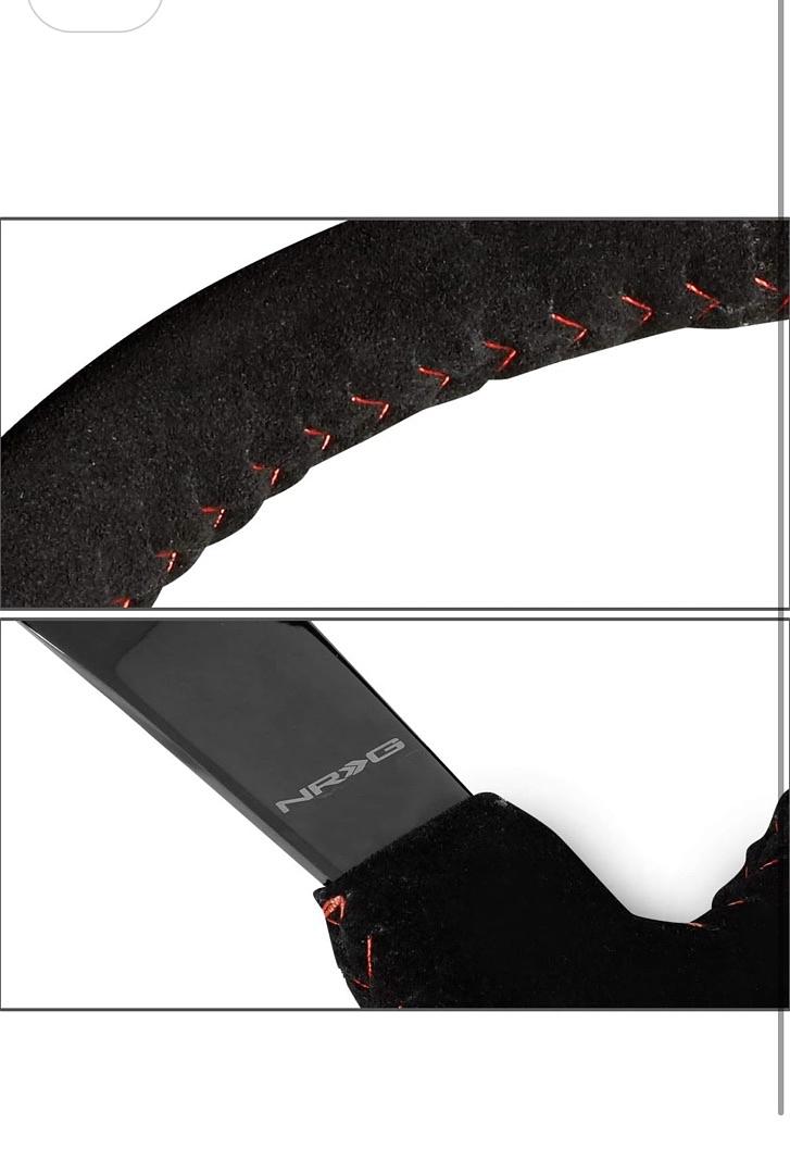 NRG FOR REINFORCED STEERING WHEEL (350MM / 3IN. DEEP) BLK SUEDE W/RED BBALL RACE STYLE 350MM SPORT STEERING WHEEL (3' DEEP) BLACK SUEDE WITH RED BASEBALL STITCHING BLACK SPOKE