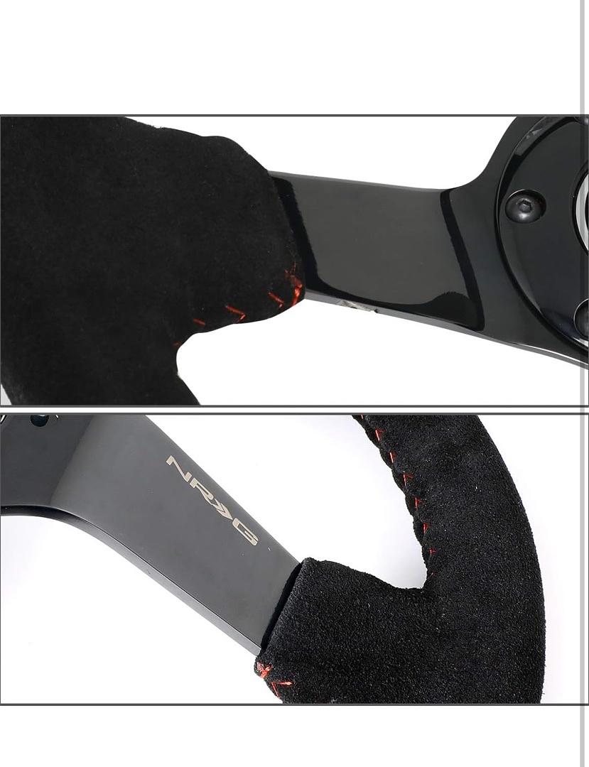 NRG FOR REINFORCED STEERING WHEEL (350MM / 3IN. DEEP) BLK SUEDE W/RED BBALL RACE STYLE 350MM SPORT STEERING WHEEL (3' DEEP) BLACK SUEDE WITH RED BASEBALL STITCHING BLACK SPOKE