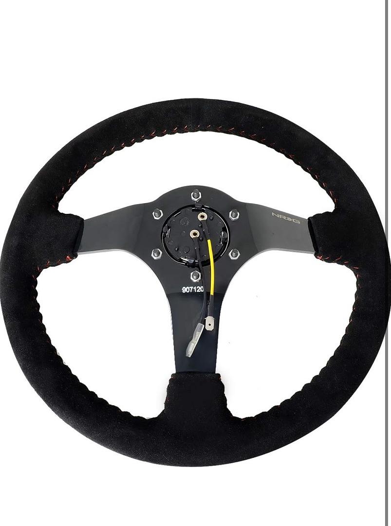 NRG FOR REINFORCED STEERING WHEEL (350MM / 3IN. DEEP) BLK SUEDE W/RED BBALL RACE STYLE 350MM SPORT STEERING WHEEL (3' DEEP) BLACK SUEDE WITH RED BASEBALL STITCHING BLACK SPOKE