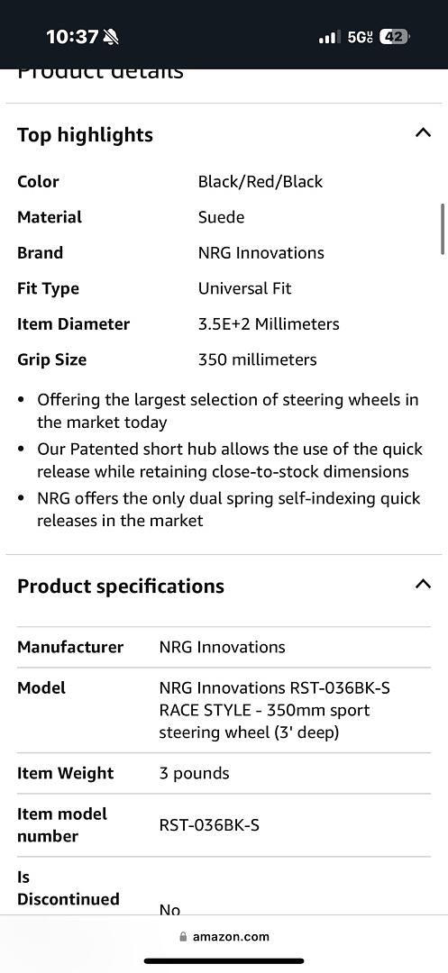 NRG FOR REINFORCED STEERING WHEEL (350MM / 3IN. DEEP) BLK SUEDE W/RED BBALL RACE STYLE 350MM SPORT STEERING WHEEL (3' DEEP) BLACK SUEDE WITH RED BASEBALL STITCHING BLACK SPOKE