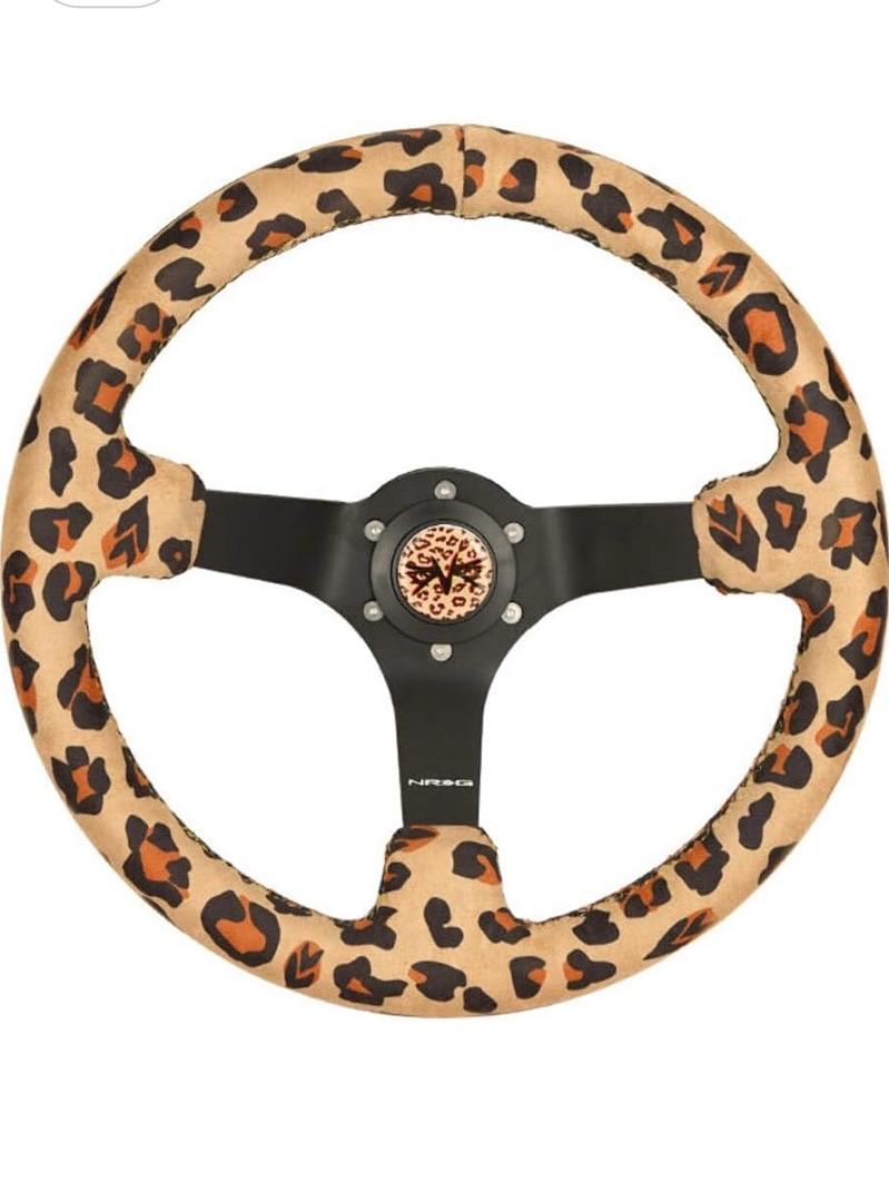 REINFORCED SPORT STEERING WHEEL 350MM (3' DEEP) SAVAGE BROWN LEOPARD PRINTED MICRO FIBER VEGAN MATERIAL WITH MATTE BLACK SPOKE