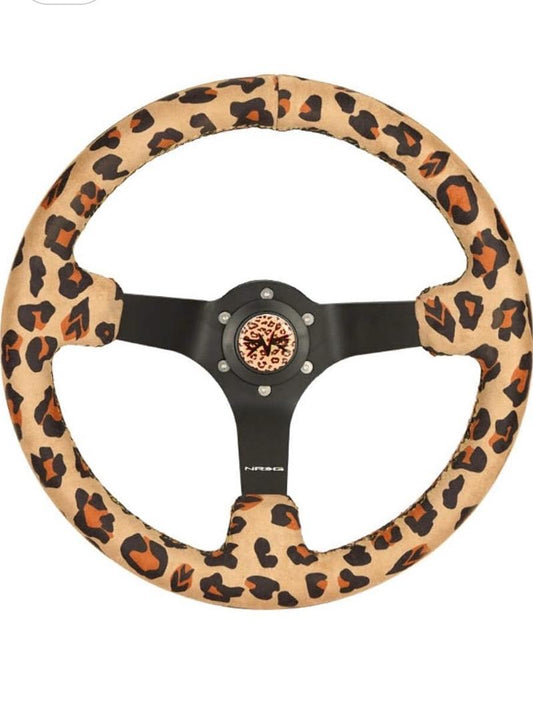REINFORCED SPORT STEERING WHEEL 350MM (3' DEEP) SAVAGE BROWN LEOPARD PRINTED MICRO FIBER VEGAN MATERIAL WITH MATTE BLACK SPOKE