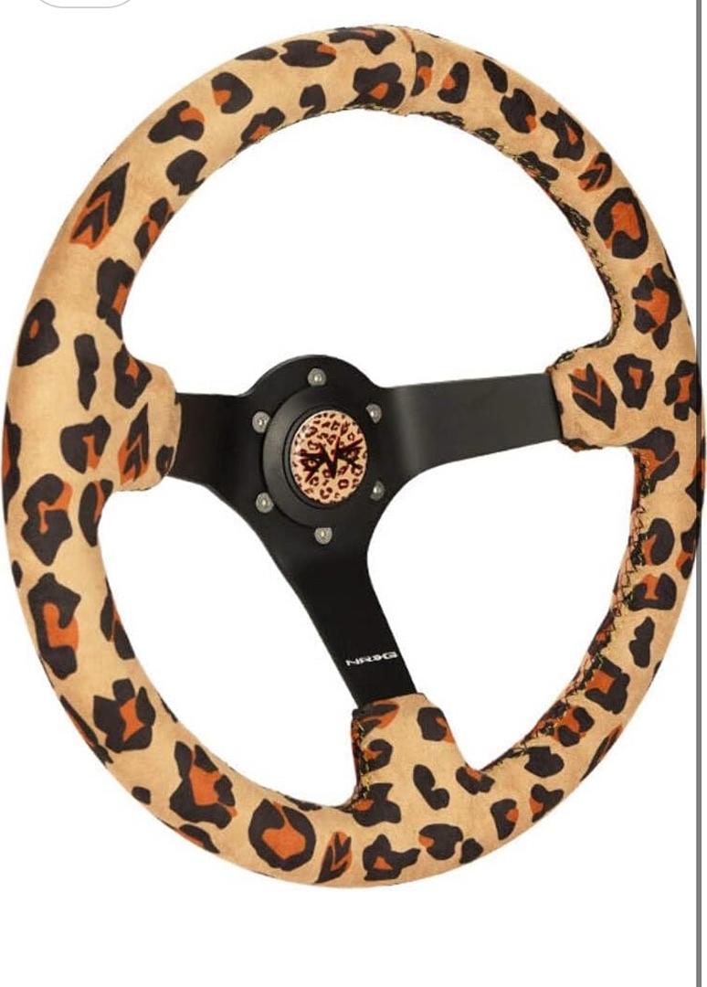 REINFORCED SPORT STEERING WHEEL 350MM (3' DEEP) SAVAGE BROWN LEOPARD PRINTED MICRO FIBER VEGAN MATERIAL WITH MATTE BLACK SPOKE