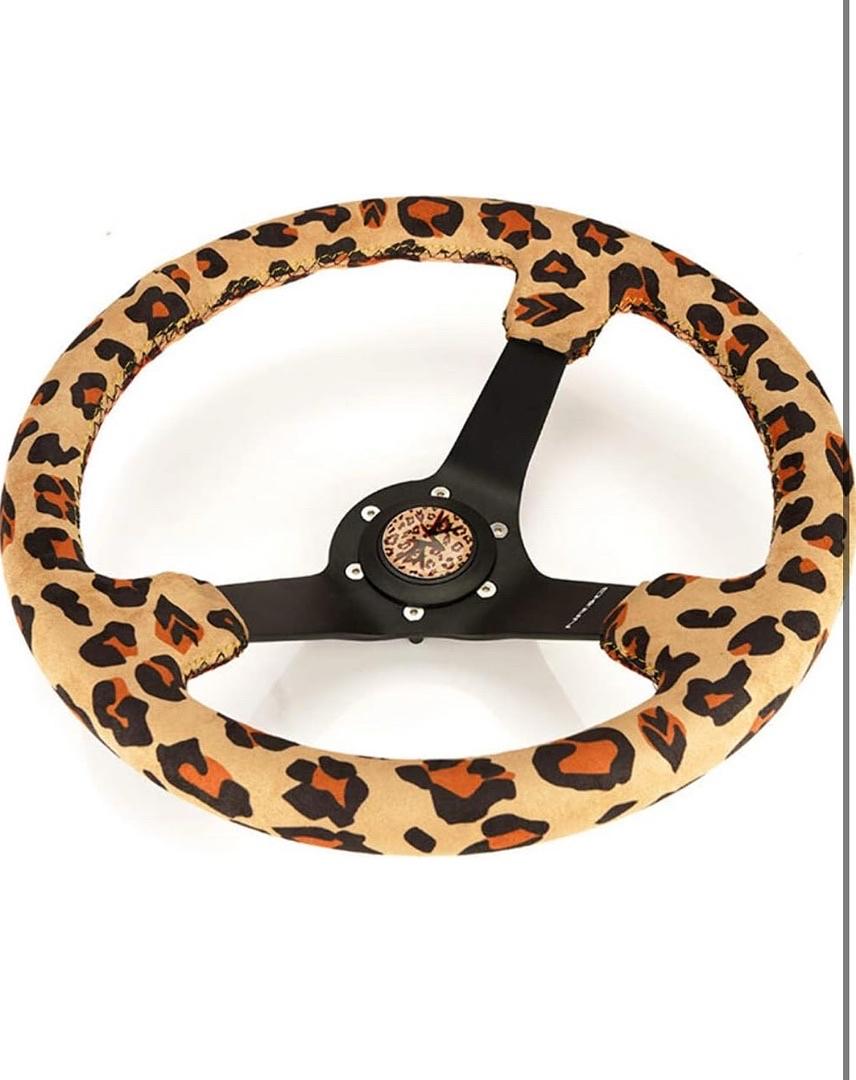REINFORCED SPORT STEERING WHEEL 350MM (3' DEEP) SAVAGE BROWN LEOPARD PRINTED MICRO FIBER VEGAN MATERIAL WITH MATTE BLACK SPOKE