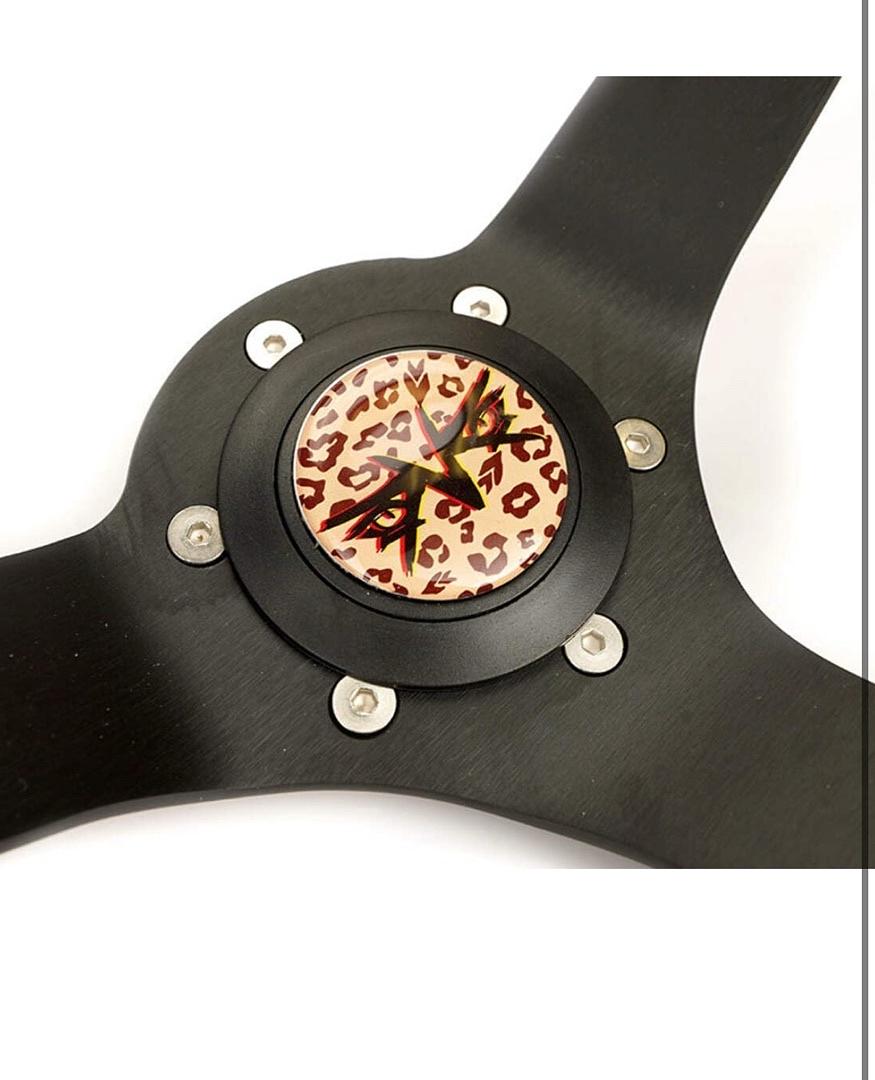 REINFORCED SPORT STEERING WHEEL 350MM (3' DEEP) SAVAGE BROWN LEOPARD PRINTED MICRO FIBER VEGAN MATERIAL WITH MATTE BLACK SPOKE