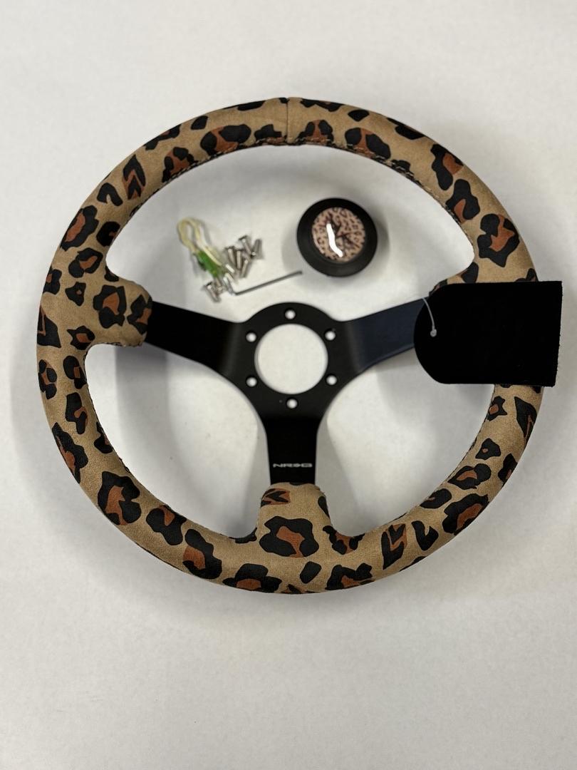 REINFORCED SPORT STEERING WHEEL 350MM (3' DEEP) SAVAGE BROWN LEOPARD PRINTED MICRO FIBER VEGAN MATERIAL WITH MATTE BLACK SPOKE