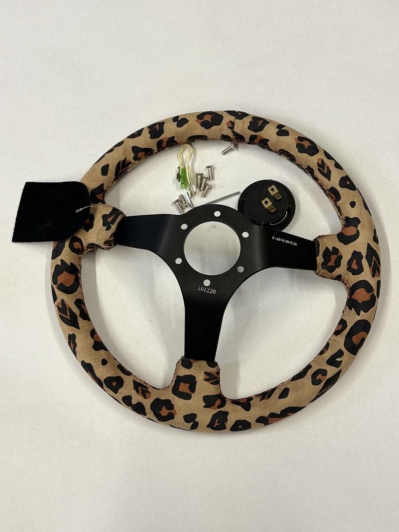 REINFORCED SPORT STEERING WHEEL 350MM (3' DEEP) SAVAGE BROWN LEOPARD PRINTED MICRO FIBER VEGAN MATERIAL WITH MATTE BLACK SPOKE