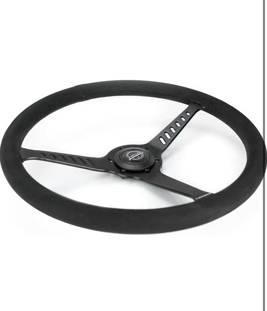 REINFORCED CLASSIC STEALTH WHEEL, 380MM, 3 SPOKE CENTER WITH DIAGNAL SLITS, 1" DEEP DISH WITH VEGAN SUEDE AND BLACK STITCHING
