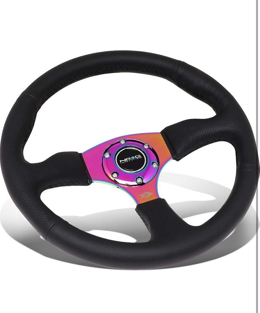 BLACK LEATHER/NEO CHROME SPOKE 350MM 2.5" DEEP RST-023MC-R NRG STEERING WHEEL