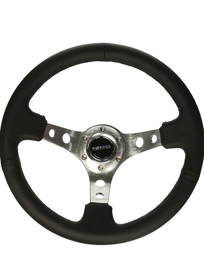 REINFORCED STEERING WHEEL 350MM SPORT STEERING WHEEL (3" DEEP), SILVER SPOKE WITH ROUND HOLES, BLACK LEATHER