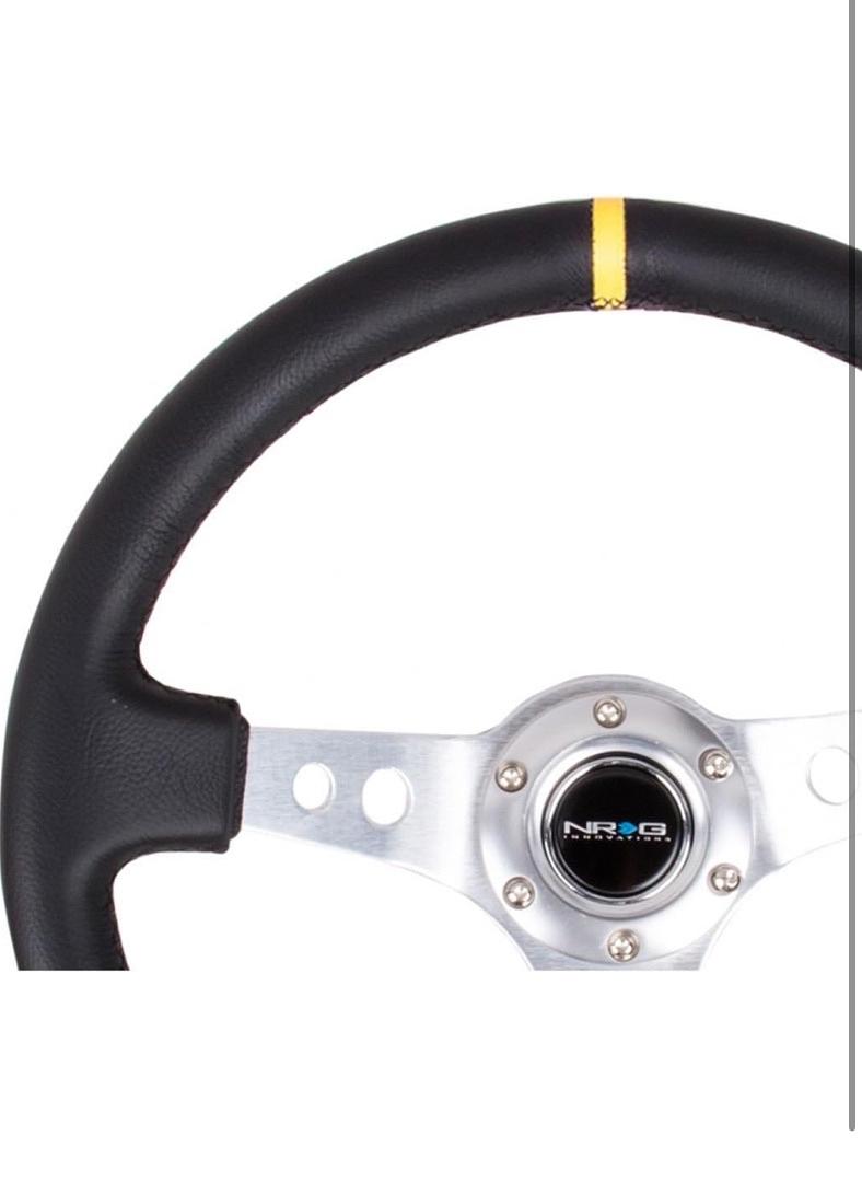 REINFORCED STEERING WHEEL 350MM SPORT STEERING WHEEL (3" DEEP), SILVER SPOKE WITH ROUND HOLES, BLACK LEATHER
