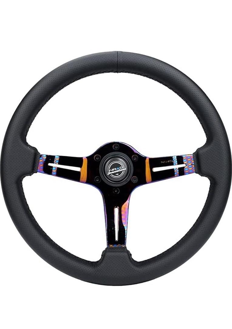 LIGHT WEIGHT GAMING STEERING WHEEL: SPLITZ- MADE WITH PERFORATED LEATHER, LIGHT WEIGHT COMPOSITS AND NEOCHROME SPOKE WITH SLITS