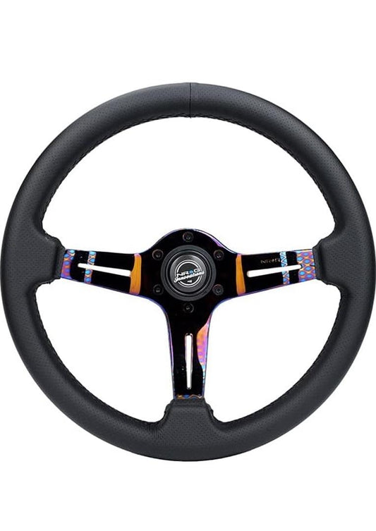 LIGHT WEIGHT GAMING STEERING WHEEL: SPLITZ- MADE WITH PERFORATED LEATHER, LIGHT WEIGHT COMPOSITS AND NEOCHROME SPOKE WITH SLITS