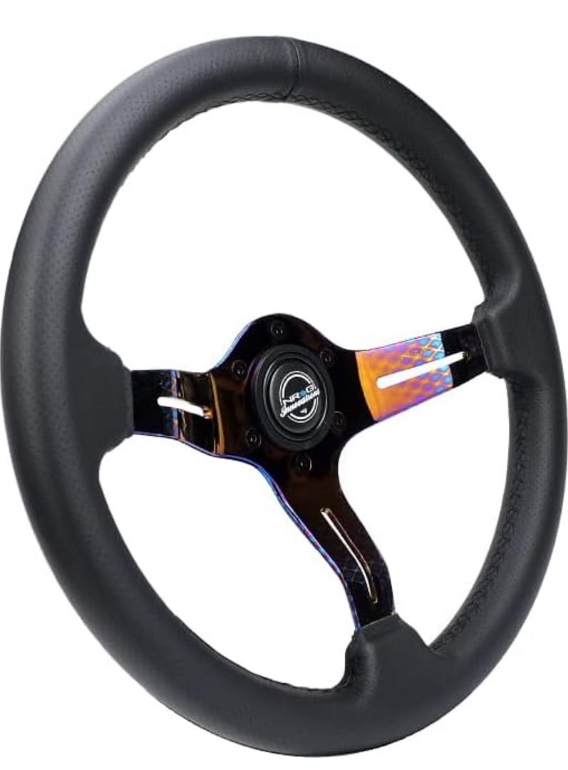 LIGHT WEIGHT GAMING STEERING WHEEL: SPLITZ- MADE WITH PERFORATED LEATHER, LIGHT WEIGHT COMPOSITS AND NEOCHROME SPOKE WITH SLITS