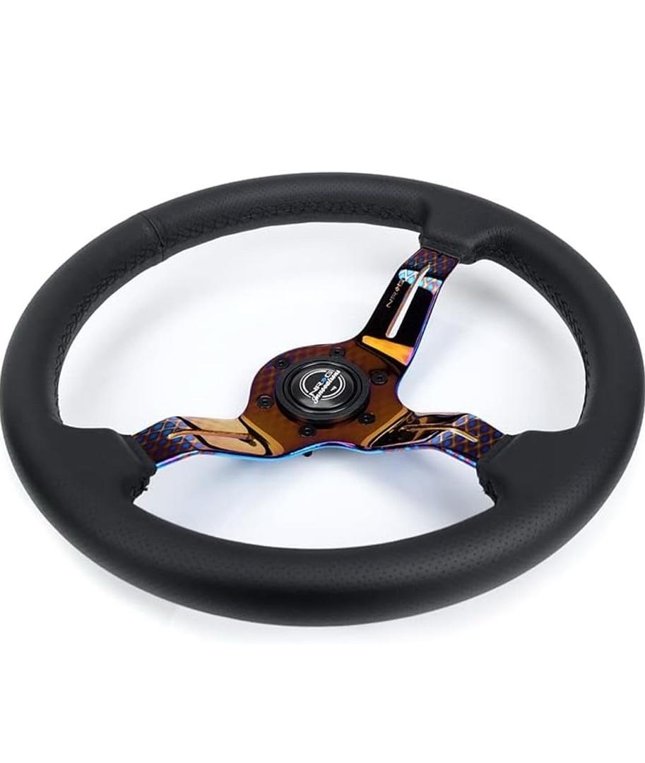 LIGHT WEIGHT GAMING STEERING WHEEL: SPLITZ- MADE WITH PERFORATED LEATHER, LIGHT WEIGHT COMPOSITS AND NEOCHROME SPOKE WITH SLITS
