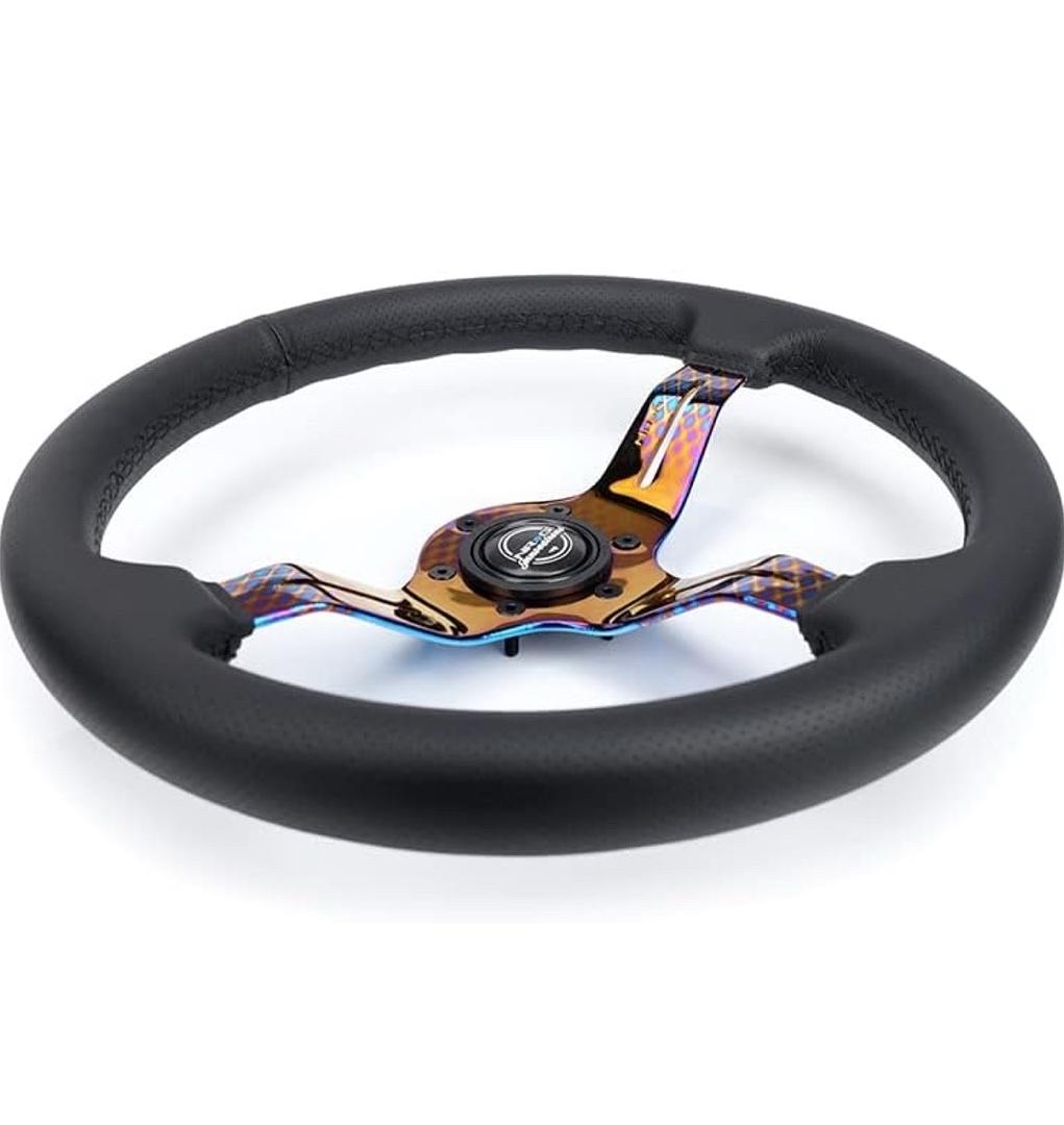 LIGHT WEIGHT GAMING STEERING WHEEL: SPLITZ- MADE WITH PERFORATED LEATHER, LIGHT WEIGHT COMPOSITS AND NEOCHROME SPOKE WITH SLITS