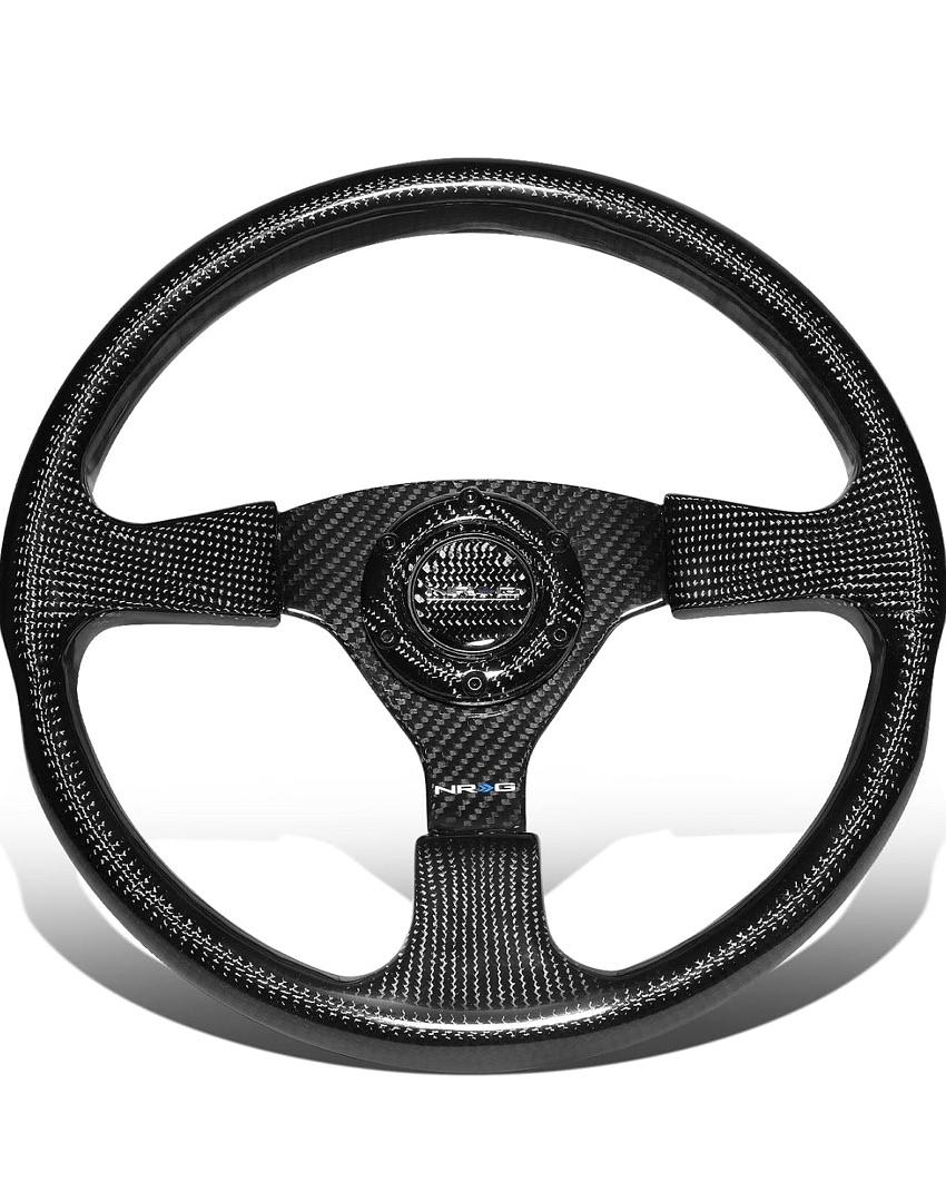 350MM OD FULL CARBON FIBER 3 SPOKE STEERING WHEEL, 6 X 70 PCD, FLAT DISH,GLOSS BLACK