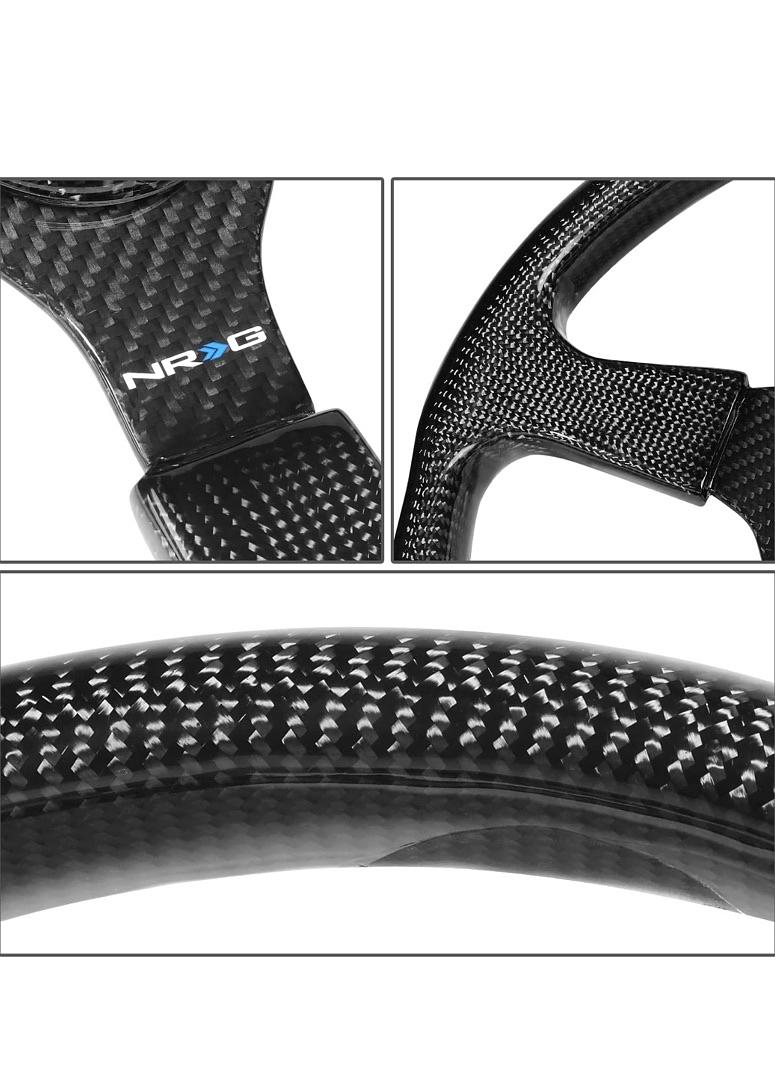 350MM OD FULL CARBON FIBER 3 SPOKE STEERING WHEEL, 6 X 70 PCD, FLAT DISH,GLOSS BLACK