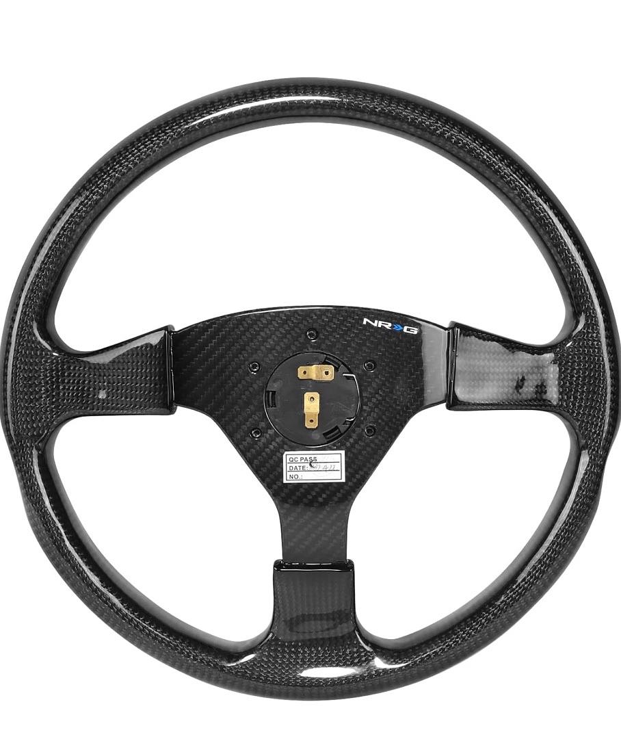 350MM OD FULL CARBON FIBER 3 SPOKE STEERING WHEEL, 6 X 70 PCD, FLAT DISH,GLOSS BLACK