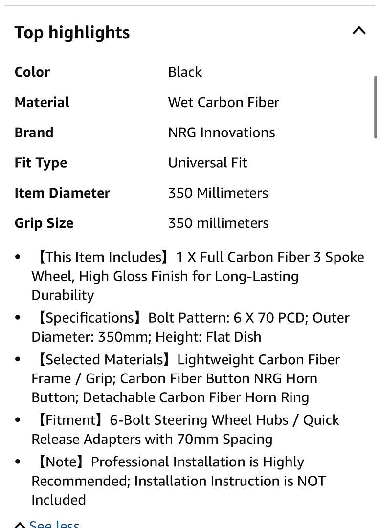 350MM OD FULL CARBON FIBER 3 SPOKE STEERING WHEEL, 6 X 70 PCD, FLAT DISH,GLOSS BLACK