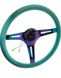 CLASSIC WOOD GRAIN STEERING WHEEL - 350MM, 6X70MM, 3 NEOCHROME SPOKES - MINTY FRESH COLOR