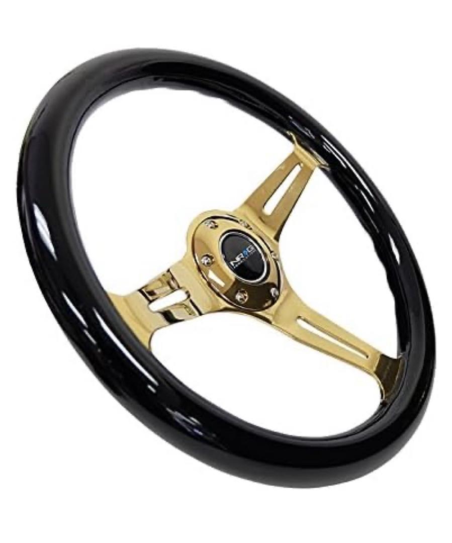 NRG FOR CLASSIC WOOD GRAIN STEERING WHEEL (350MM) BLACK GRIP W/CHROME GOLD